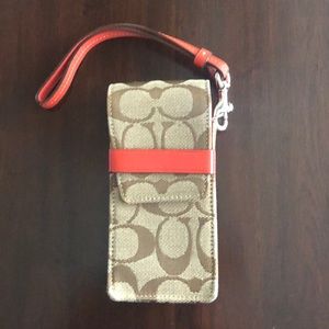 Coach Tan Signature Canvas Phone Wristlet with Orange-Red Trim